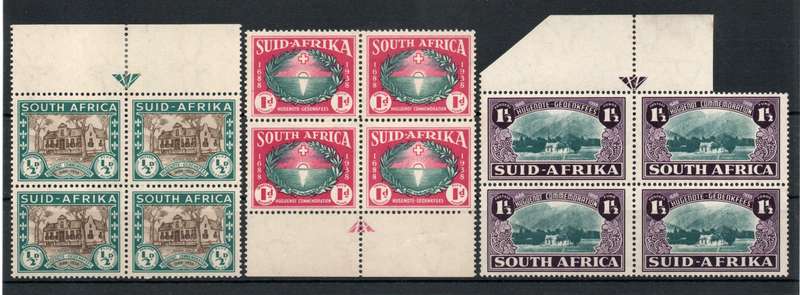 South Africa 1939 Huguenot 250th Anniv set of 3 arrow blocks of 4 umm. SACC 81-83. Cat R2420