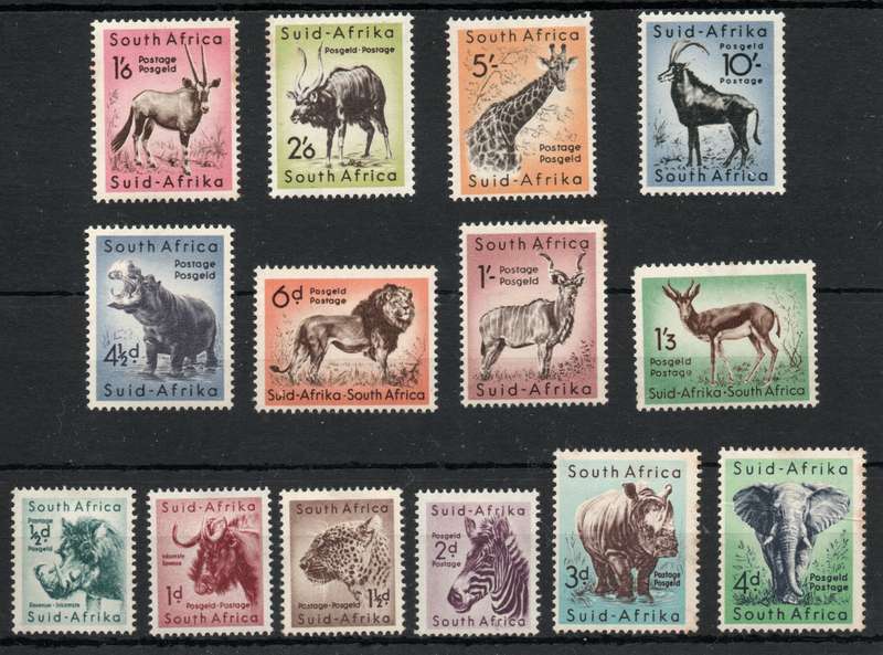 South Africa 1954 Animal Definitive set of 14 mounted mint some toned backs. SACC 150-63. Cat R972