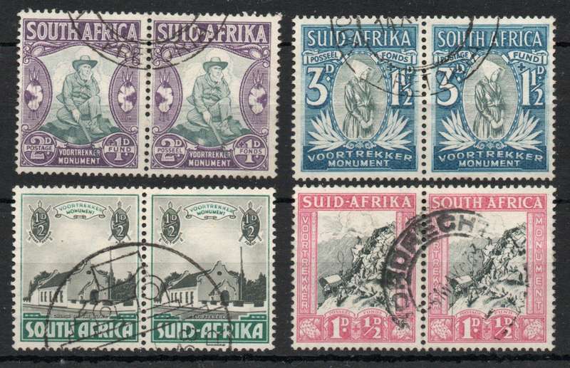 South Africa 1933-36 Voortrekker Memorial Fund set of 4 pairs very fine used. SACC 51-54. Cat R230