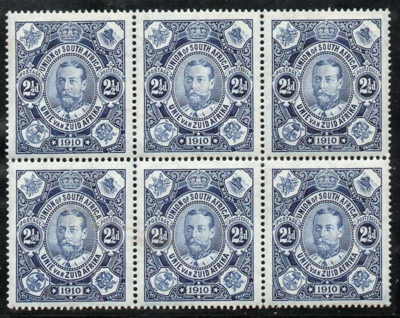 South Africa 1910 Opening of Union Parliament 2½d blue white gum block of 6 umm. SACC 1a. Cat R540+
