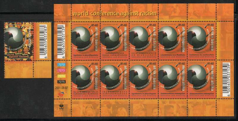 South Africa 2001 World Conference Against Racism sheet of 10 + single stamp. SACC 1421-31. Cat R170