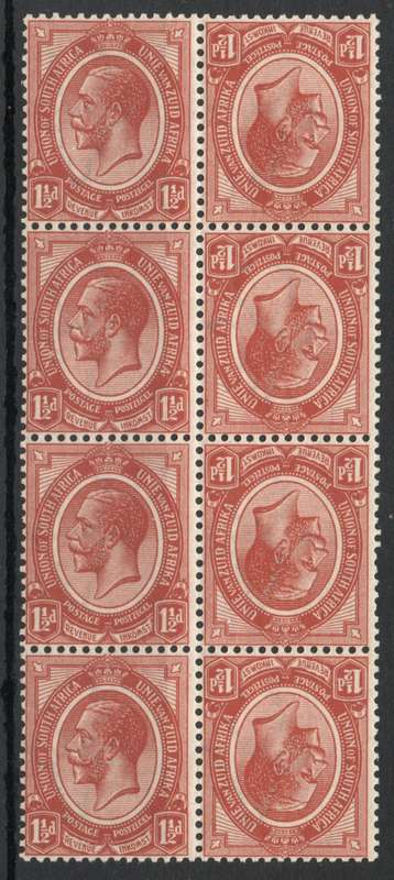 South Africa 1913 KGV Definitive 1½d tête-bêche block of 4 pairs umm. SACC 4b. Cat R800 (2023-25)