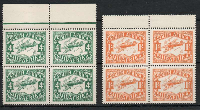 South Africa 1929 2nd Air mail issue set of 2 in blocks of 4 unmtd. SACC 40-41. Cat R5000 (2023-25)