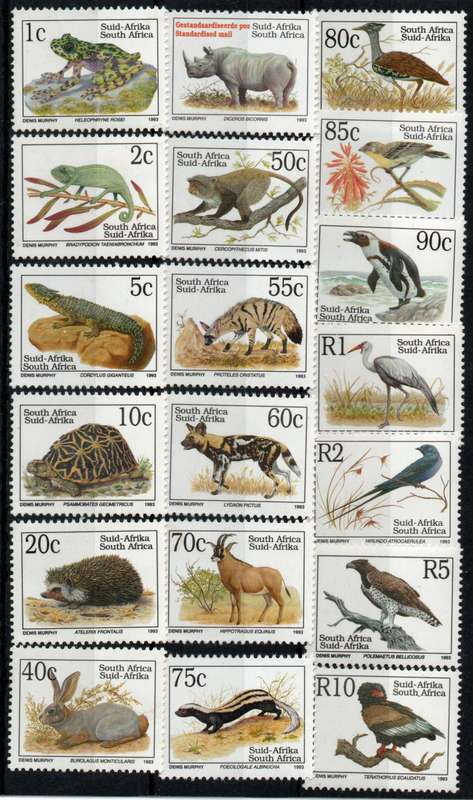 South Africa 1993 6th Definitive Endangered Fauna Type I set of 19 umm. SACC 825-842 + 919. Cat R249
