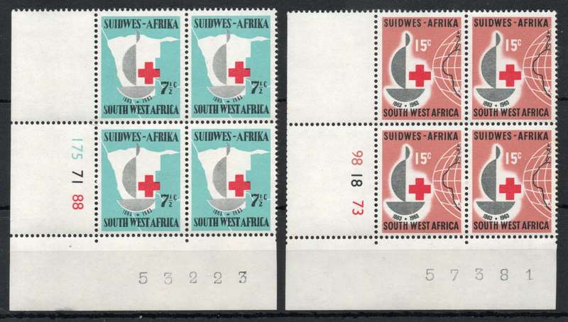 South West Africa 1963 Red Cross Centenary set of 2 in control blocks of 4 umm. SACC 222-3 Cat R1650