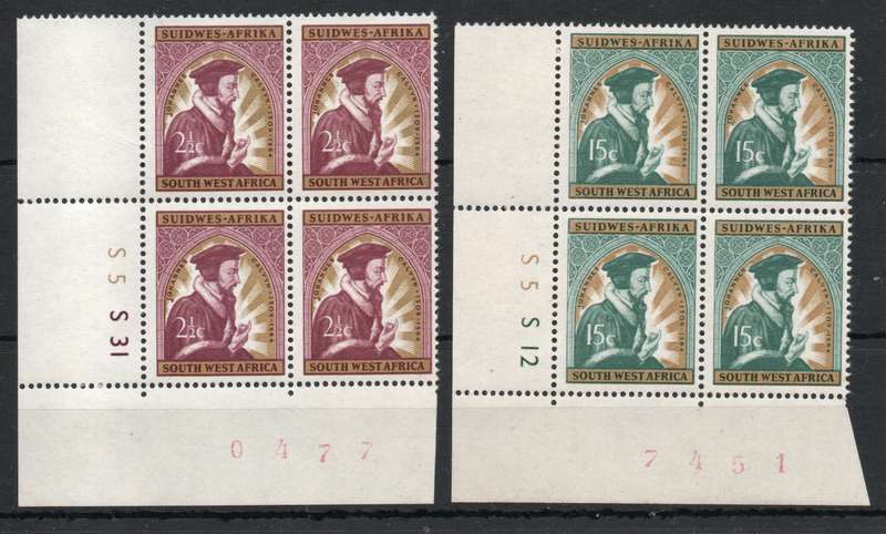 South West Africa 1964 "400th Anniv death of Calvin" set of 2 in contr bl umm. SACC 225-6. Cat R380.