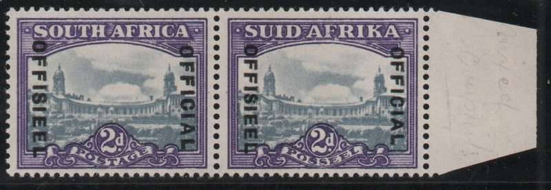 South Africa 1935-50 Official 2d slate & violet pair unmounted mint. SACC 29. Cat R90 (2025)