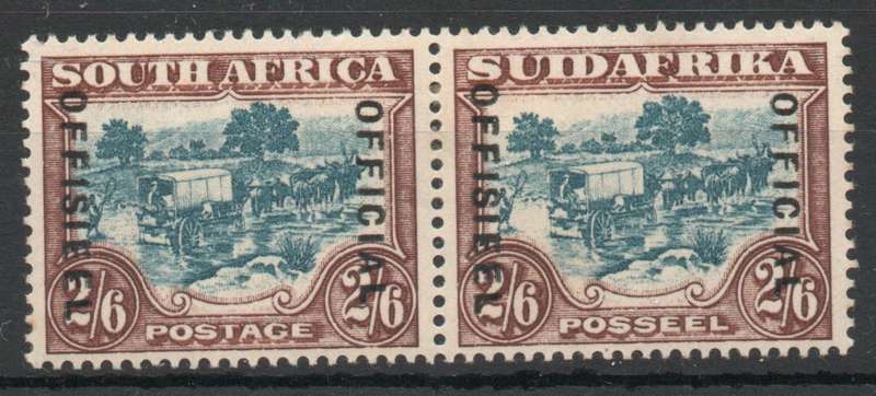 South Africa 1930-47 Official 2/6d blue & brown pair mounted mint. SACC 20c. Cat R800. (2025)
