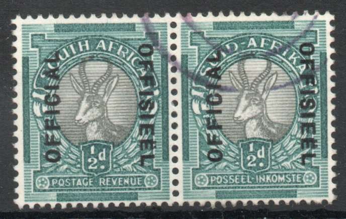 South Africa 1944 Official ½d pair very fine used. SACC 37. Cat R500 (2025)