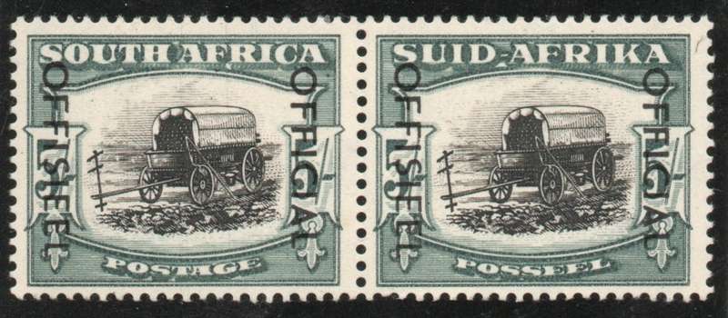 South Africa 1950-54 Official 5/- black & bluish green pair lmm. SACC 48. Cat R3500 as umm