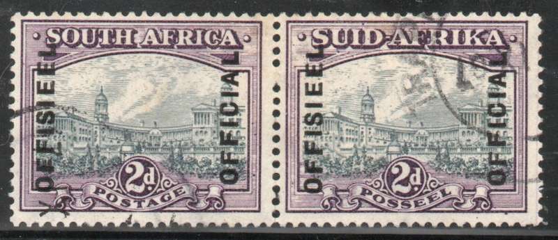 South Africa 1944 Official 2d grey & purple pair very fine used. SACC 38. Cat R650 (2025)