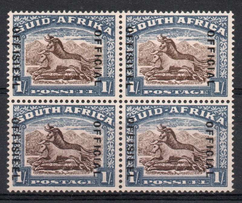 South Africa 1935-50 Official 1/- block of 4 with varieties unmounted mint SACC 31. Cat R2600 (2025)
