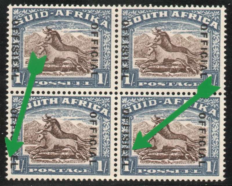 South Africa 1935-50 Official 1/- block of 4 with varieties unmounted mint SACC 31. Cat R2600 (2025)