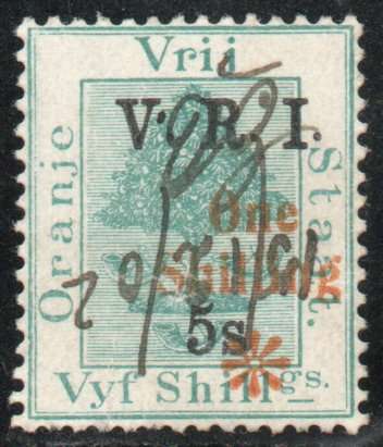 Orange Free State 1902 surcharge "one shilling" on 5s used manual cancel. SACC 83. Cat R400 (2025)