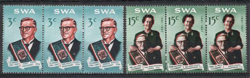 South West Africa 1968 Swart Commemoration set of 2 strips umm. SACC 234-235. Cat R130 (2025)
