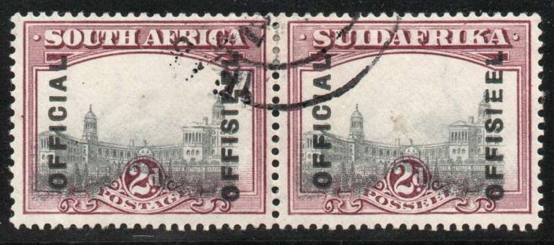 South Africa 1928-29 Official 2d pair vfu with var vignette shift down & left. SACC 5 var.