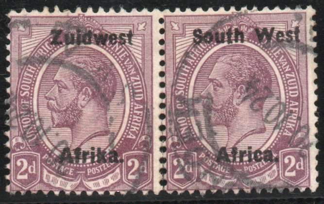 South West Africa 1923 KGV 2d pair very fine used. SACC 17. Cat R200 (2025)