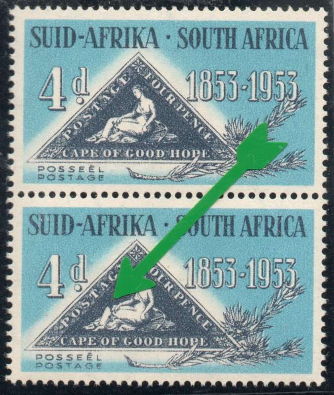 South Africa 1953 Cent of first Cape Triangular 4d broken knee var umm.  SACC 144a. Cat R250 (2025)