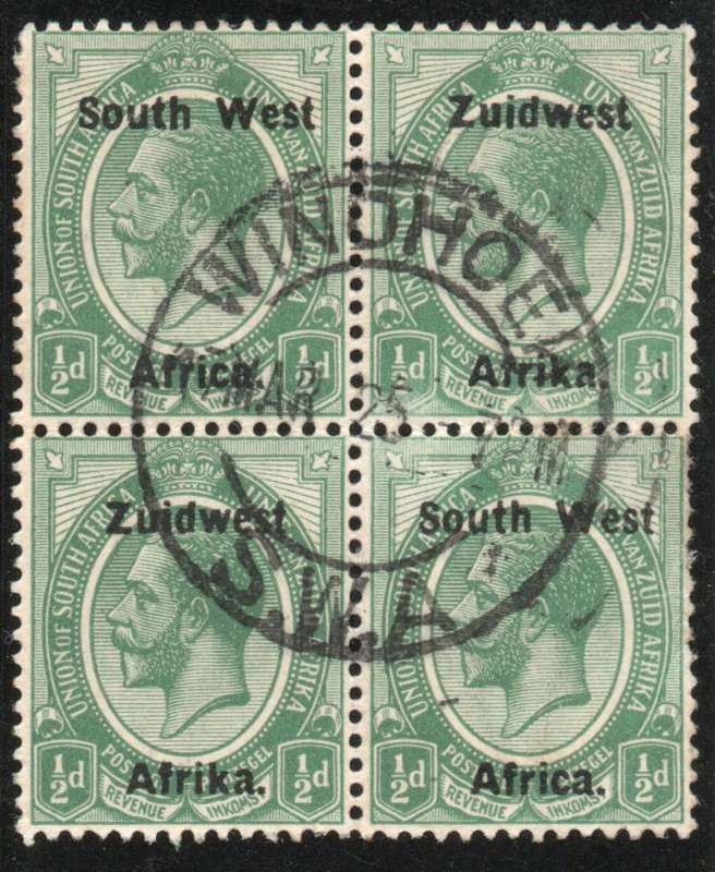 South West Africa 1923 KGV ½d block of 4 fine used but some split perfs. SACC 26. Cat R460 (2023-25)