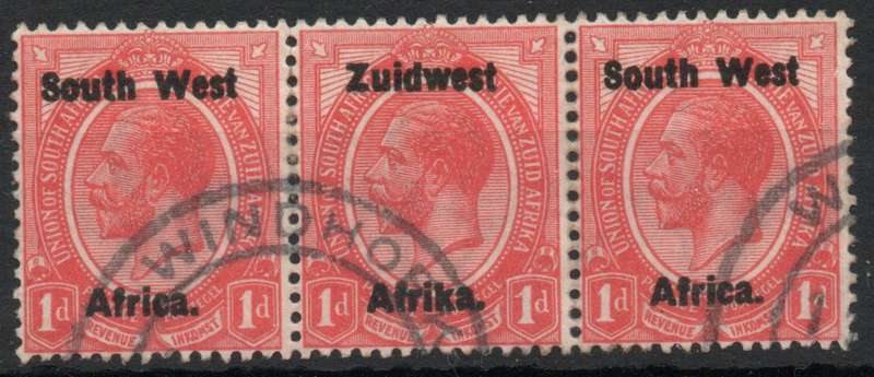 South West Africa 1923 KGV 1d strip of 3 very fine used some split perfs SACC 16. Cat R180 (2023-25)