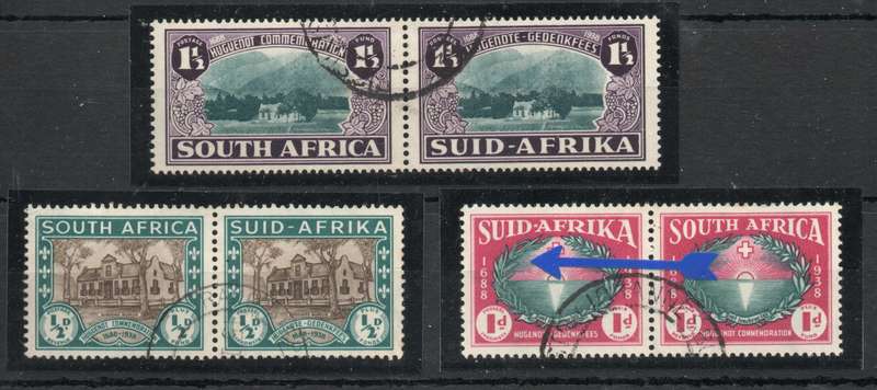 South Africa 1939 250th Anniversary of Hugenot Landing set of 3 prs vfu. SACC 81-83. Cat R550 (2025)