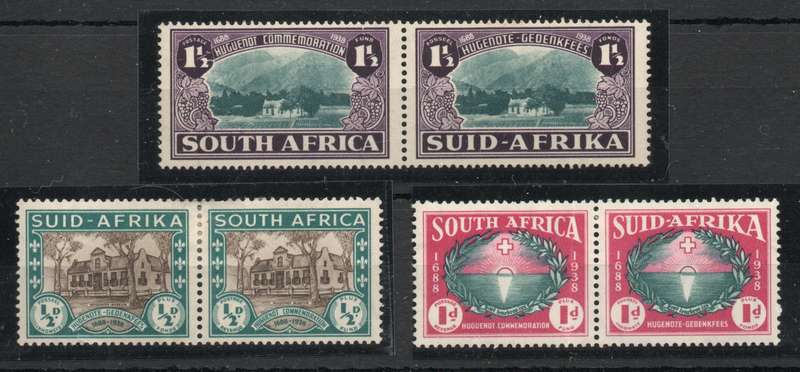 South Africa 1939 250th Anniv of Huguenot landing in SA set of 3 pairs mint SACC 81-3. Cat R 1100.