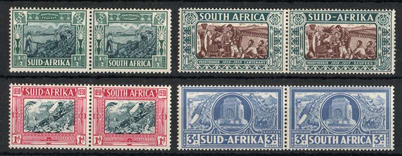 South Africa 1938 Voortrekker Cent Mem Fund set of 4 prs mint. SACC 75-78 Cat R1650 (2025)