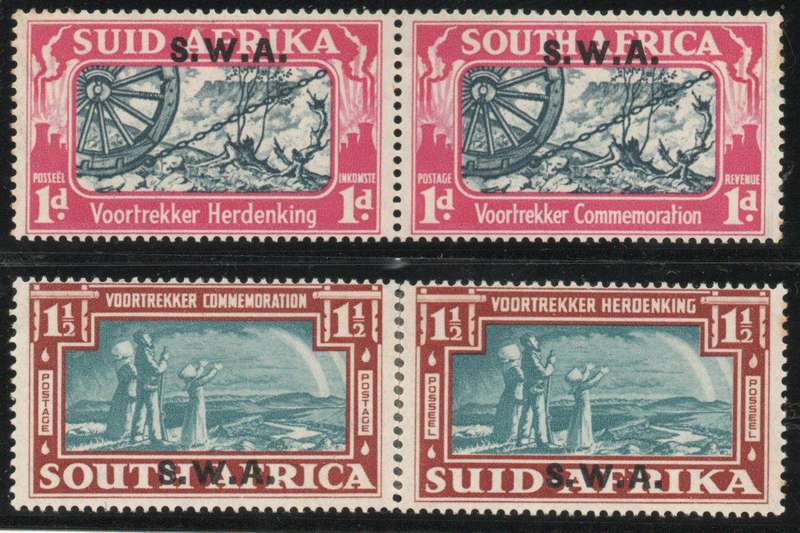 South West Africa 1938 Voortrekker Commemoration set of 2 pairs mm faults. SACC 136-137. Cat R750