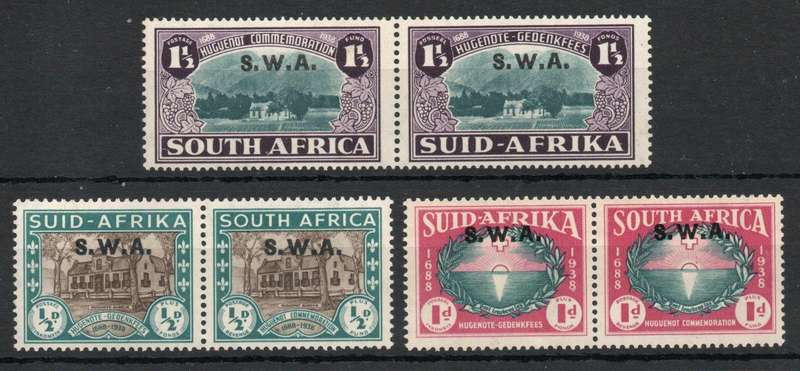 South West Africa 1939 `250th Anniv of Huguenots` set of 3 pairs lmm. SACC 138-140. Cat R1550 as umm