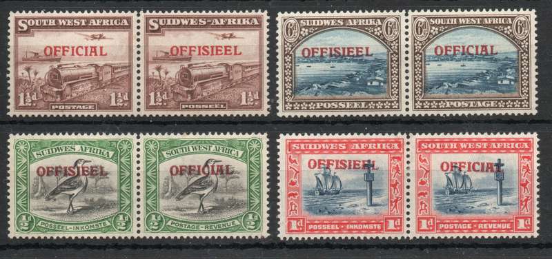 South West Africa 1945-50 Officials set of 4 prs mounted (1d) & umm. SACC 18-20 & 22 Cat R1400(2025)