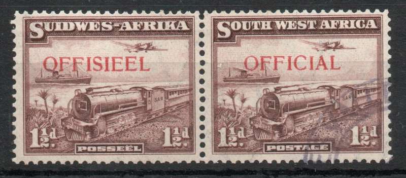 South West Africa 1938 Official 1½d purple-brown pair very fine used. SACC 17. Cat R650 (2025)