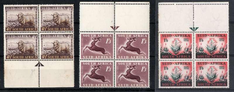 South Africa 1953 Defin issue set of 3 in arrow blocks of 4 unmtd mint. SACC 145-147 Cat R224 (2025)