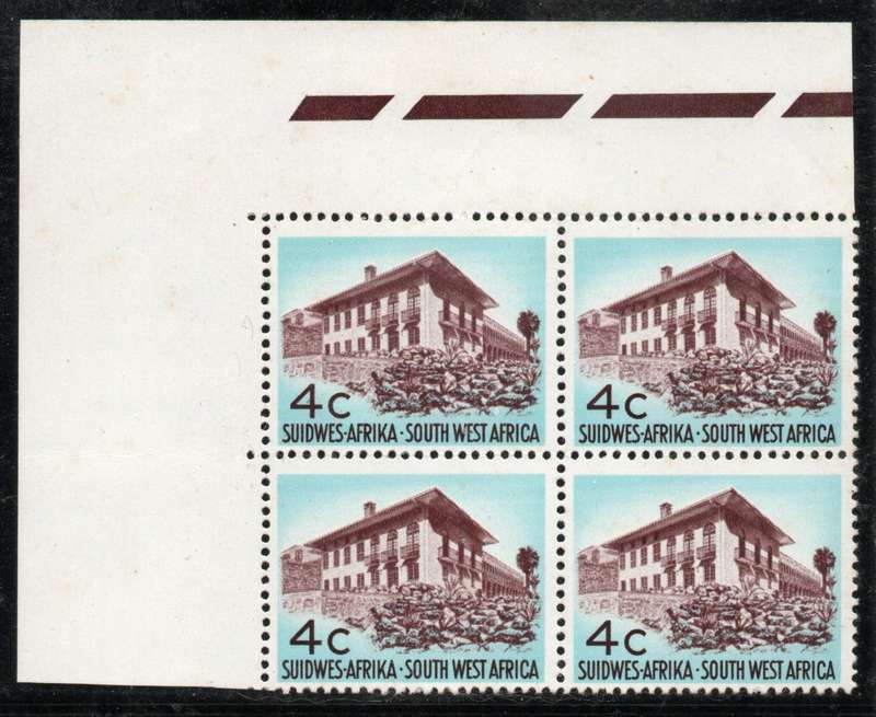 South West Africa 1971 Add value 4c corner block of 4 umm. Group VII. SACC 217. Cat R60 (2025)