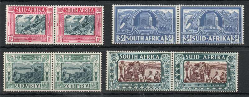 South Africa 1938 Voortrekker Cent Mem Fund set of 4 pairs unmounted mint. SACC 75-78. Cat R1650