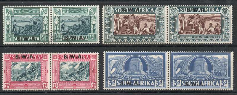 South West Africa 1938 Voortrekker Cent Fund set of 4 pairs vfu & mm. SACC 132-135. Cat R2470 (2025)