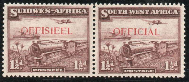 South West Africa 1938 Official 1½d pair unmounted mint. SACC 17. Cat R600 (2025)