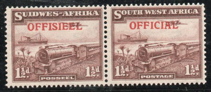 South West Africa 1945-50 Official 1½d pair unmounted mint. SACC 20. Cat R550 (2025)