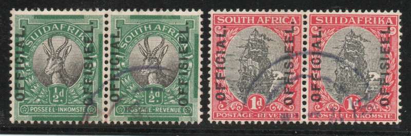 South Africa 1926 Official part set of 2 pairs (½d & 1d) very fine used. SACC 2(L/P?), 3(L/P?).