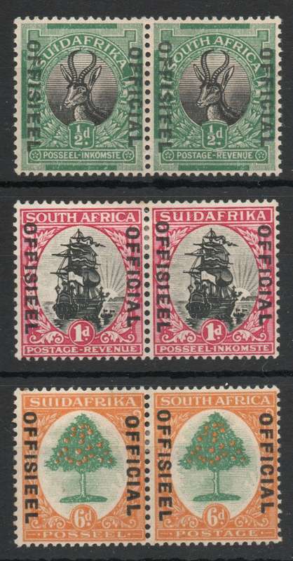 South Africa 1929 Officials set of 3 pairs mixed umm & mm. SACC 8-10. Cat R215 (2025)
