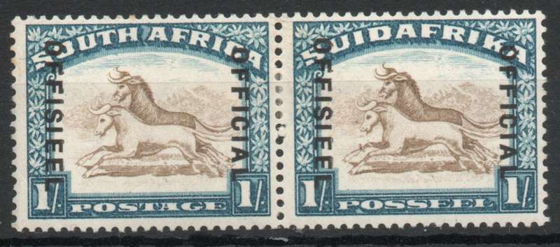 South Africa 1930-47 Official 1/- brown & blue pair mounted mint. SACC 17. Cat R1000. (2025)