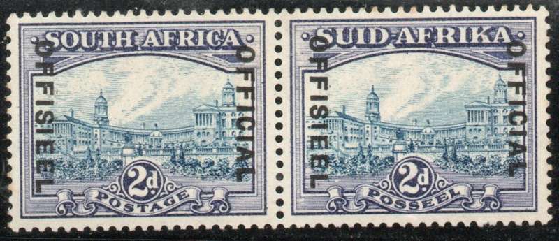 South Africa 1935-50 Official 2d blue & violet pair lightly mounted mint. SACC 28. Cat R3000 for umm