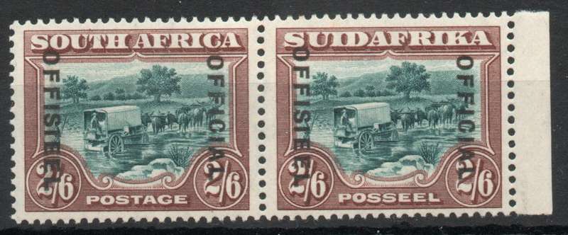 South Africa 1930-47 Official 2/6d green & brown pair unmounted mint. SACC 22. Cat R1800 (2025)