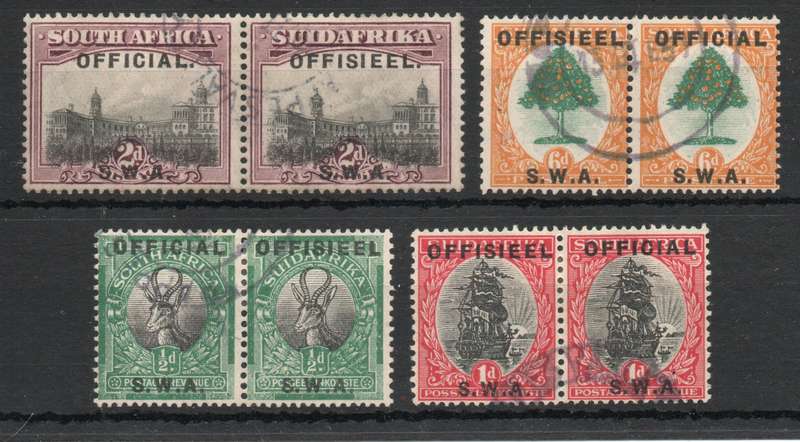 South West Africa 1929 Officials set of 4 pairs very fine used. SACC 5-8. Cat R800 (2025)