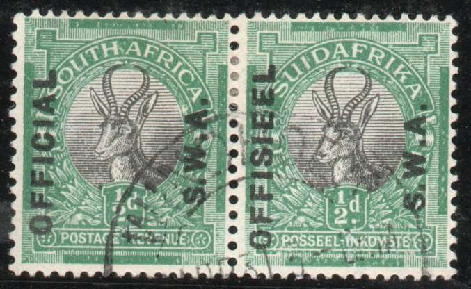 South West Africa 1929 Official ½d black & green pair very fine used. SACC 9. Cat R150 (2025)