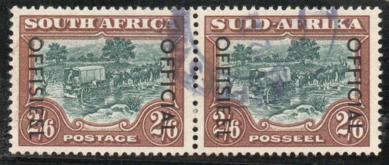 South Africa 1950-54 Official 2/6d pair green & brown fine used. SACC 47. Cat R650 (2025)
