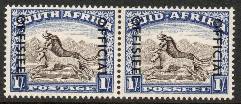 South Africa 1950-54 Official 1/- pair blackish brown & ultramarine lmm. SACC 46a. Cat R3000 as umm.