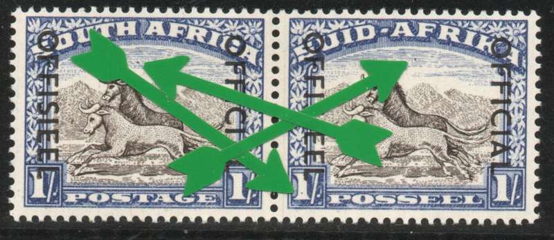 South Africa 1950-54 Official 1/- pair blackish brown & ultramarine lmm. SACC 46a. Cat R3000 as umm.