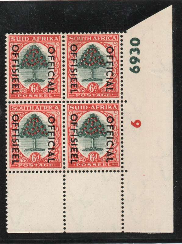 South Africa 1950-54 Officials 6d control block of 4 mounted & unmtd mint. SACC 45.