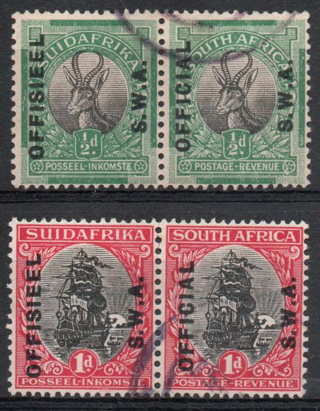 South West Africa 1929 Officials ½d & 1d pairs very fine used. SACC 9-10. Cat R300 (2025)