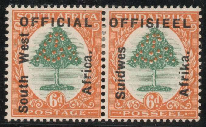 South West Africa 1926 Official 6d pair lightly mounted mint. SACC 4. Cat R3000 (2025)
